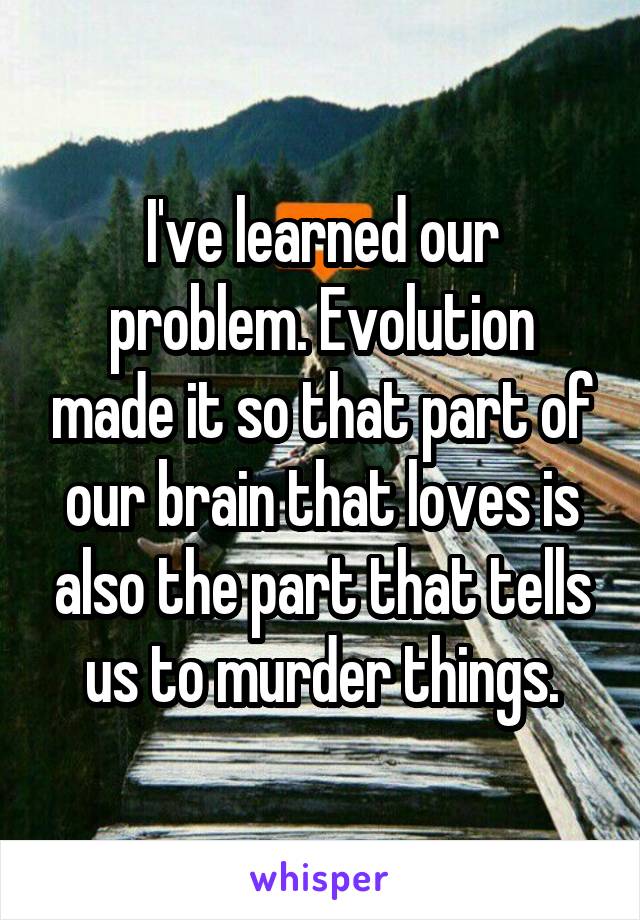 I've learned our problem. Evolution made it so that part of our brain that loves is also the part that tells us to murder things.