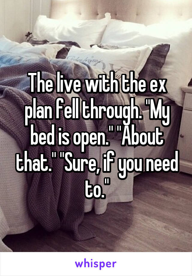 The live with the ex plan fell through. "My bed is open." "About that." "Sure, if you need to."