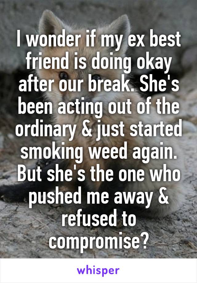 I wonder if my ex best friend is doing okay after our break. She's been acting out of the ordinary & just started smoking weed again. But she's the one who pushed me away & refused to compromise?