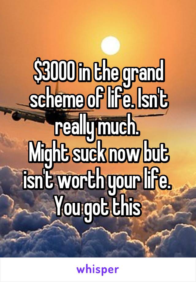 $3000 in the grand scheme of life. Isn't really much. 
Might suck now but isn't worth your life. 
You got this 