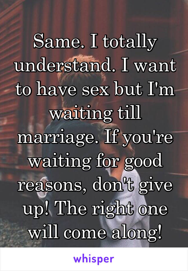 Same. I totally understand. I want to have sex but I'm waiting till marriage. If you're waiting for good reasons, don't give up! The right one will come along!