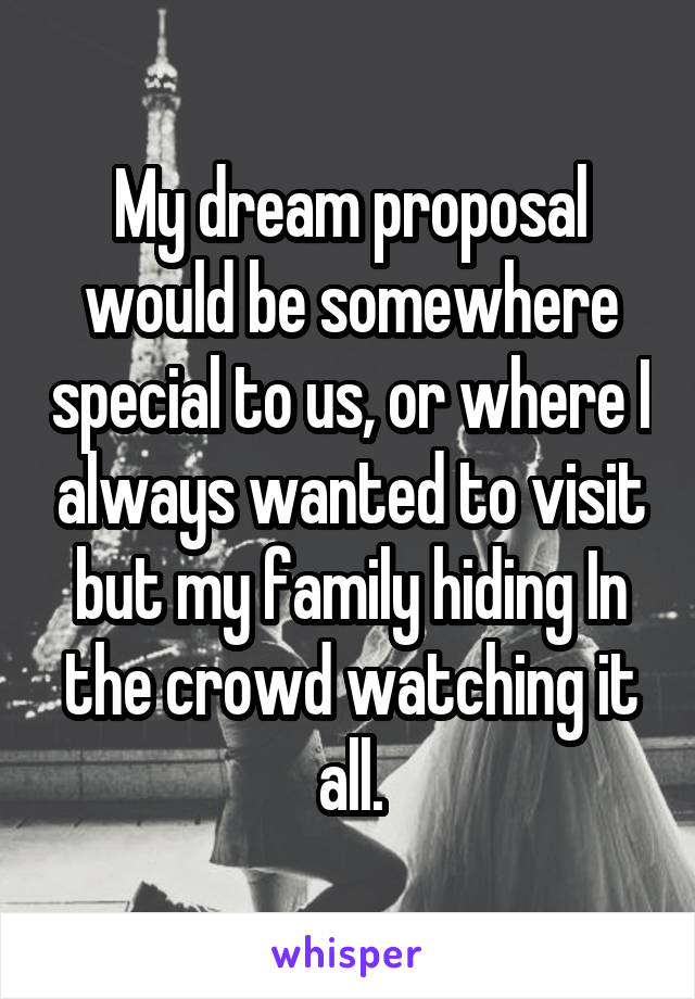 My dream proposal would be somewhere special to us, or where I always wanted to visit but my family hiding In the crowd watching it all.