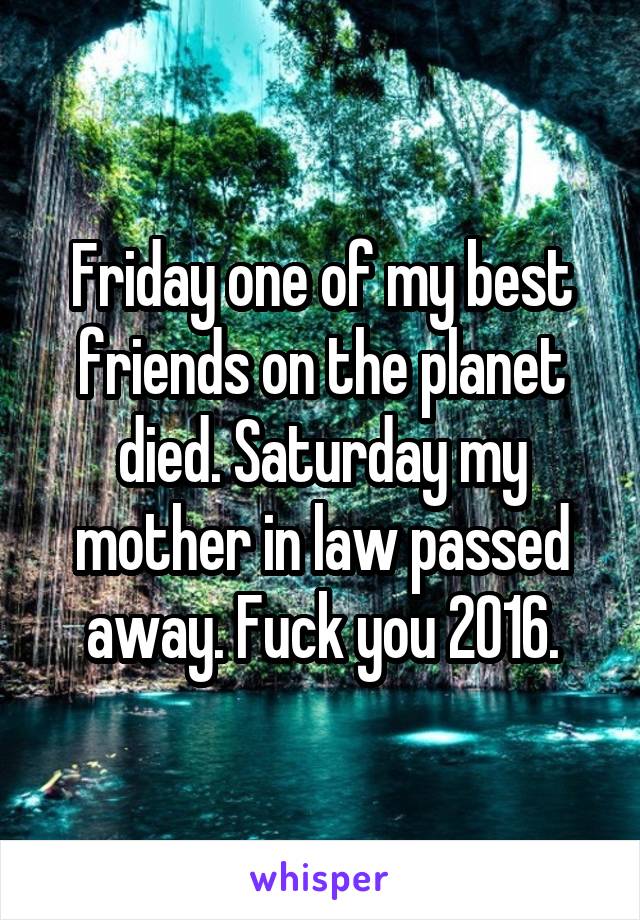 Friday one of my best friends on the planet died. Saturday my mother in law passed away. Fuck you 2016.