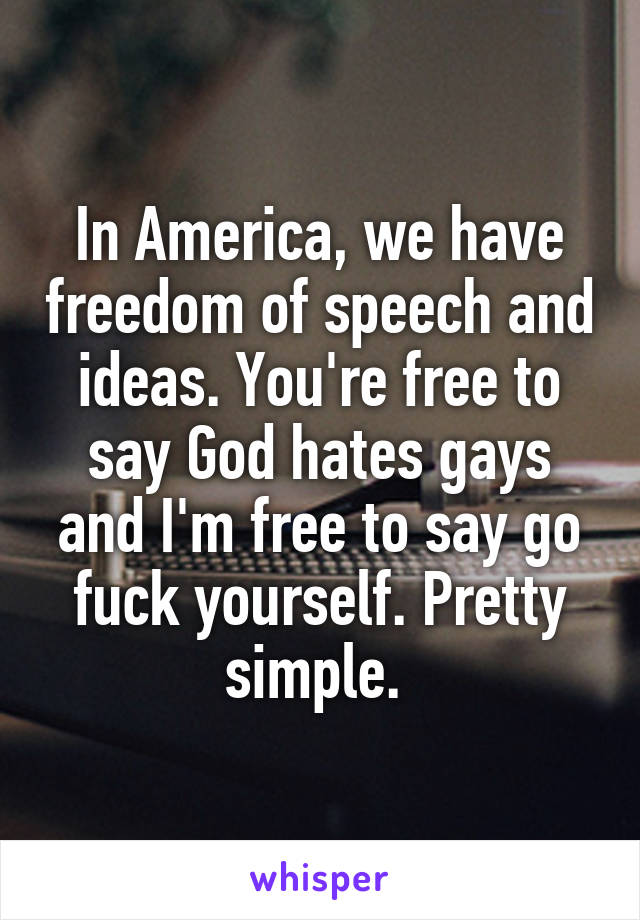 In America, we have freedom of speech and ideas. You're free to say God hates gays and I'm free to say go fuck yourself. Pretty simple. 