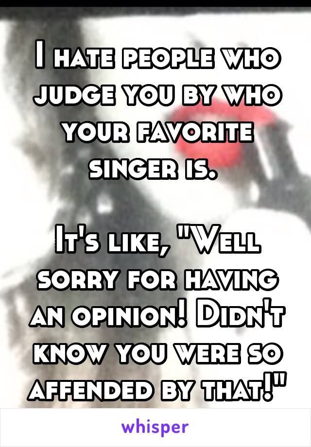 I hate people who judge you by who your favorite singer is. 

It's like, "Well sorry for having an opinion! Didn't know you were so affended by that!"