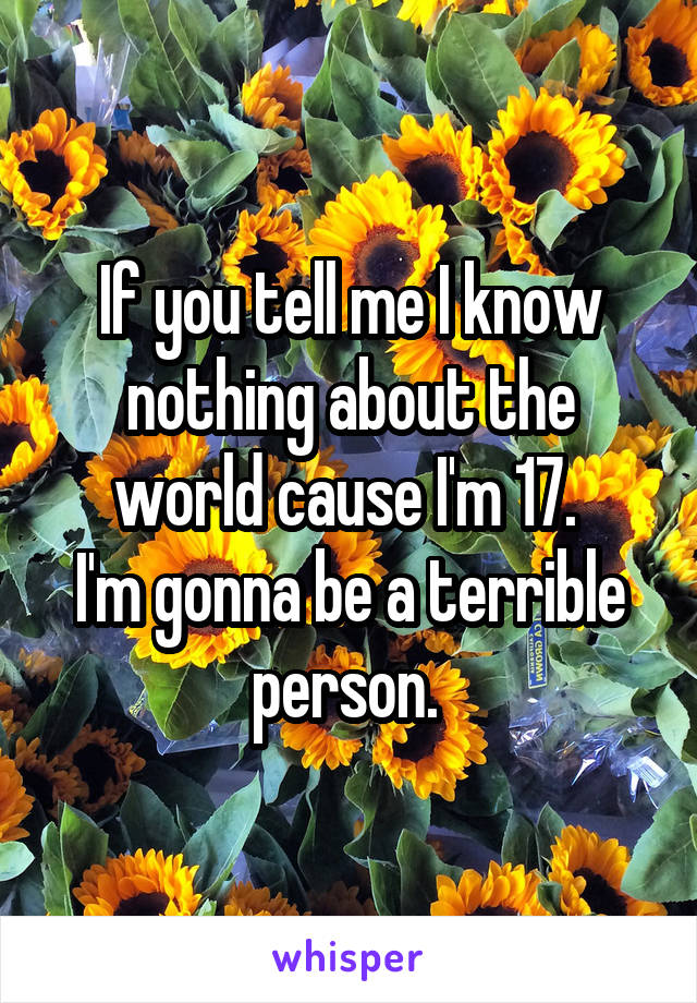 If you tell me I know nothing about the world cause I'm 17. 
I'm gonna be a terrible person. 