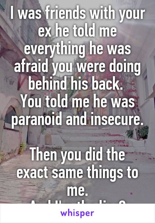 I was friends with your ex he told me everything he was afraid you were doing behind his back. 
You told me he was paranoid and insecure. 
Then you did the exact same things to me.
And I'm the liar?