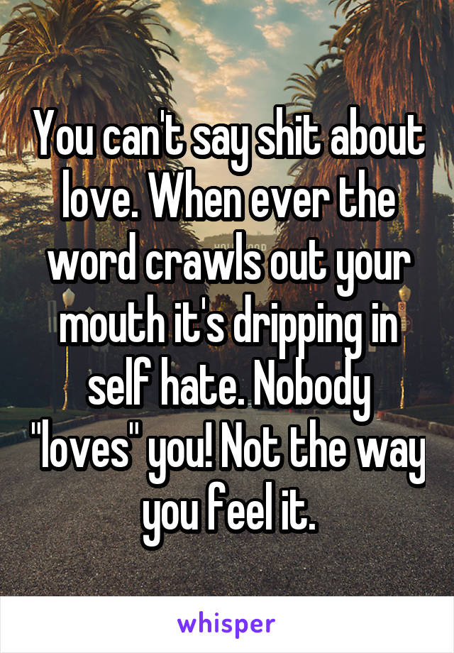 You can't say shit about love. When ever the word crawls out your mouth it's dripping in self hate. Nobody "loves" you! Not the way you feel it.