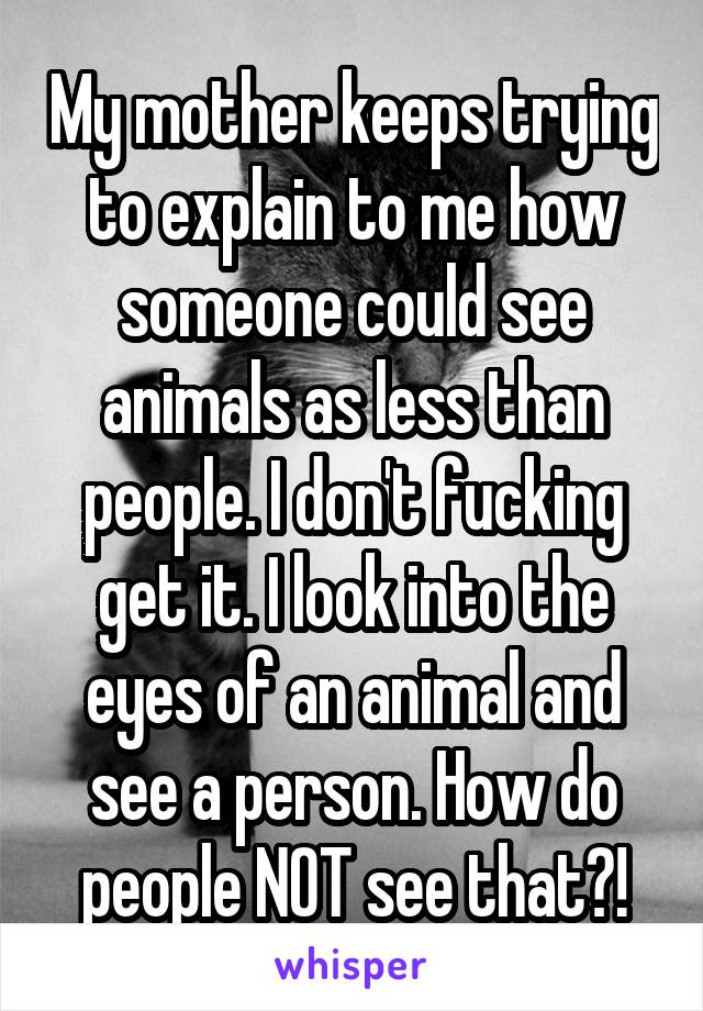 My mother keeps trying to explain to me how someone could see animals as less than people. I don't fucking get it. I look into the eyes of an animal and see a person. How do people NOT see that?!