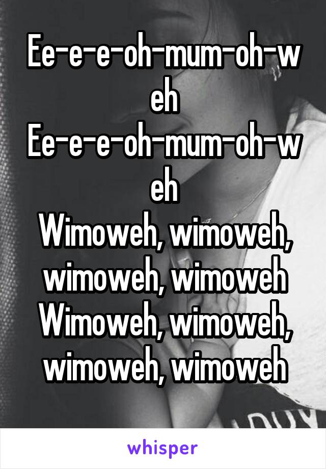 Ee-e-e-oh-mum-oh-weh
Ee-e-e-oh-mum-oh-weh
Wimoweh, wimoweh, wimoweh, wimoweh
Wimoweh, wimoweh, wimoweh, wimoweh
