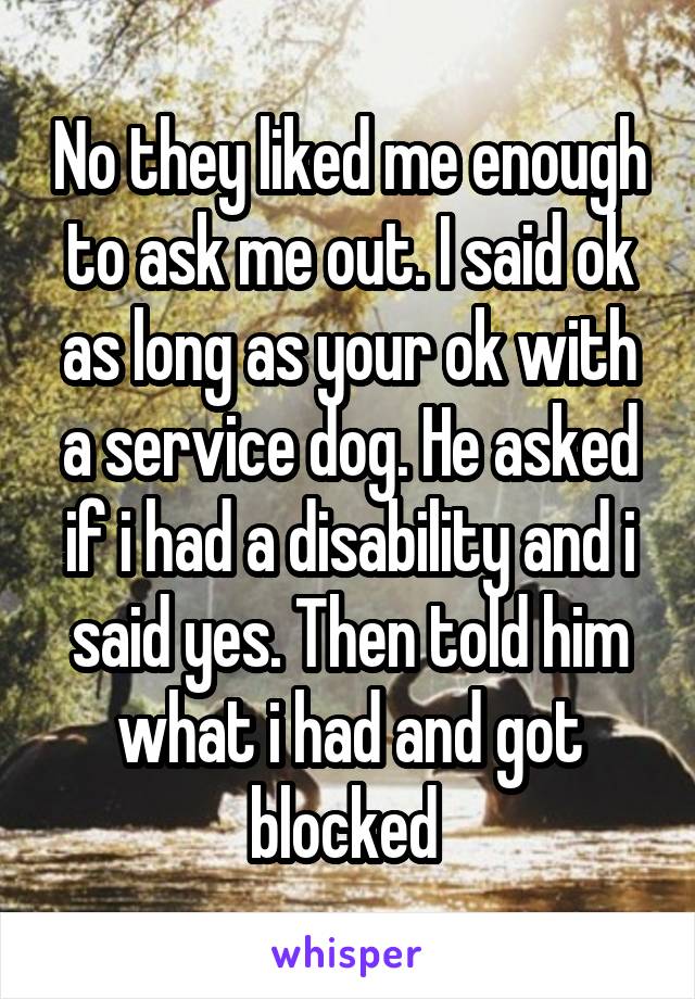 No they liked me enough to ask me out. I said ok as long as your ok with a service dog. He asked if i had a disability and i said yes. Then told him what i had and got blocked 