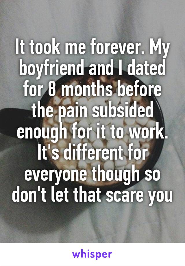 It took me forever. My boyfriend and I dated for 8 months before the pain subsided enough for it to work. It's different for everyone though so don't let that scare you 