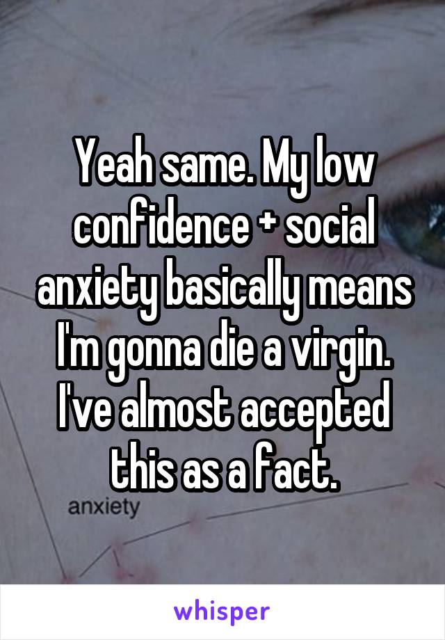 Yeah same. My low confidence + social anxiety basically means I'm gonna die a virgin. I've almost accepted this as a fact.