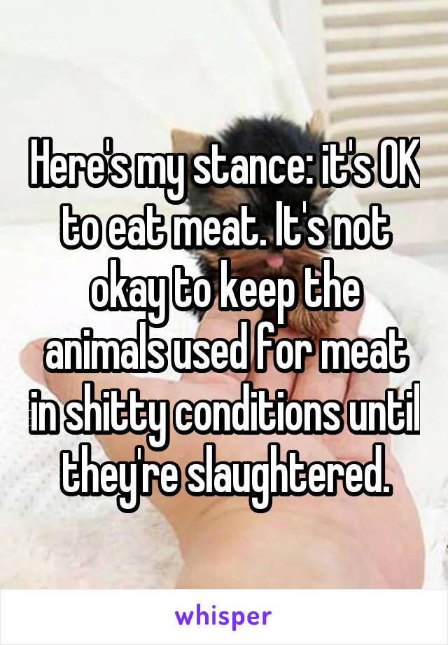 Here's my stance: it's OK to eat meat. It's not okay to keep the animals used for meat in shitty conditions until they're slaughtered.