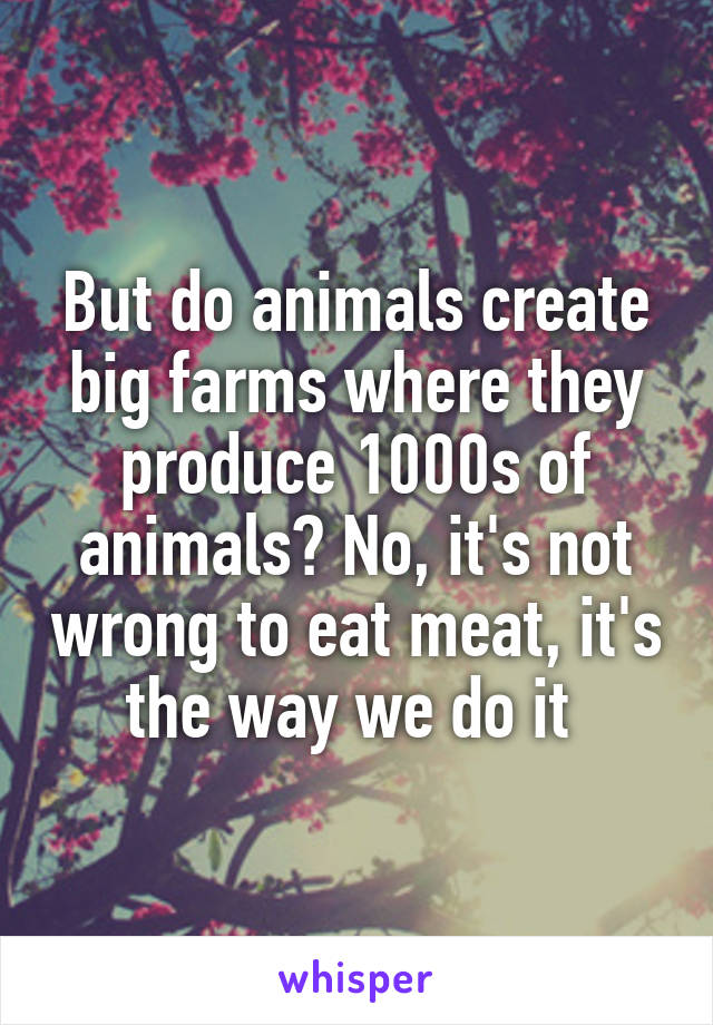 But do animals create big farms where they produce 1000s of animals? No, it's not wrong to eat meat, it's the way we do it 