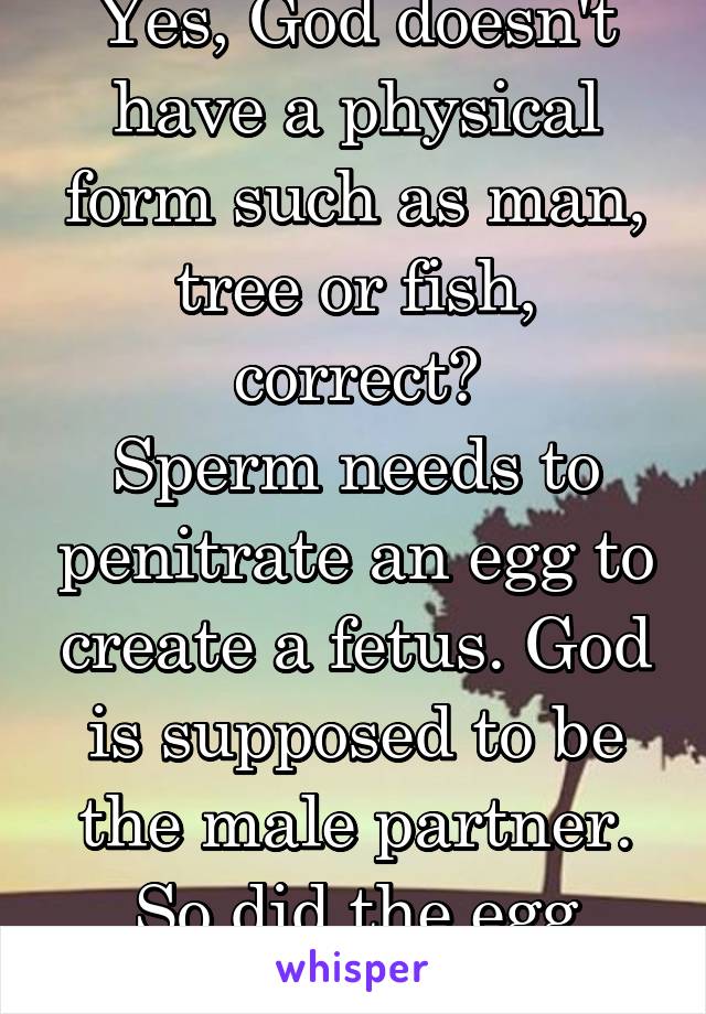 Yes, God doesn't have a physical form such as man, tree or fish, correct?
Sperm needs to penitrate an egg to create a fetus. God is supposed to be the male partner. So did the egg fertilise itself?