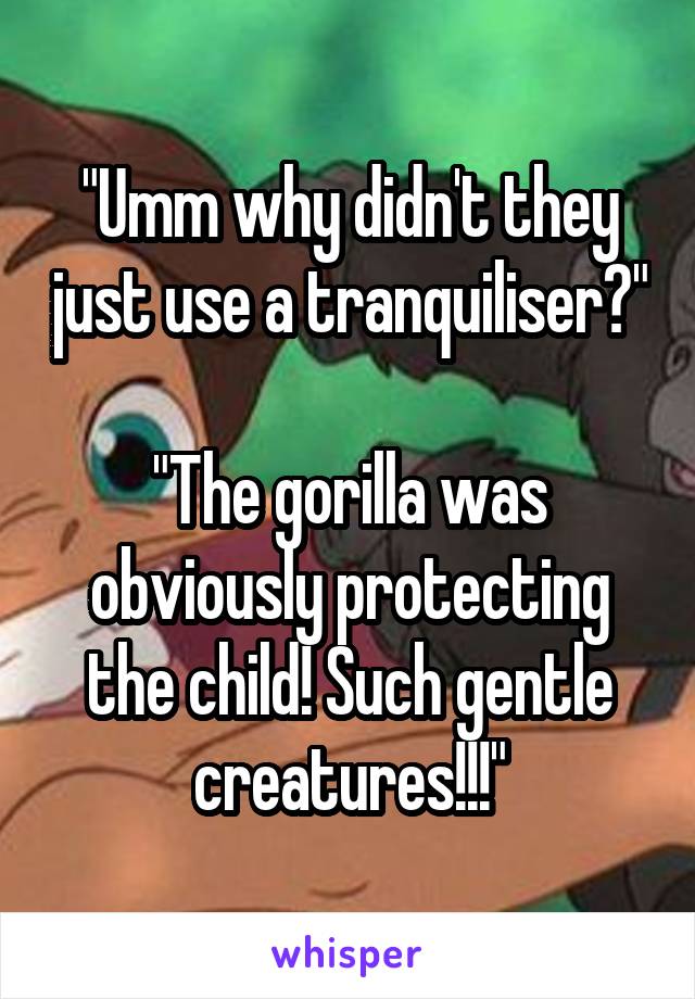 "Umm why didn't they just use a tranquiliser?"

"The gorilla was obviously protecting the child! Such gentle creatures!!!"