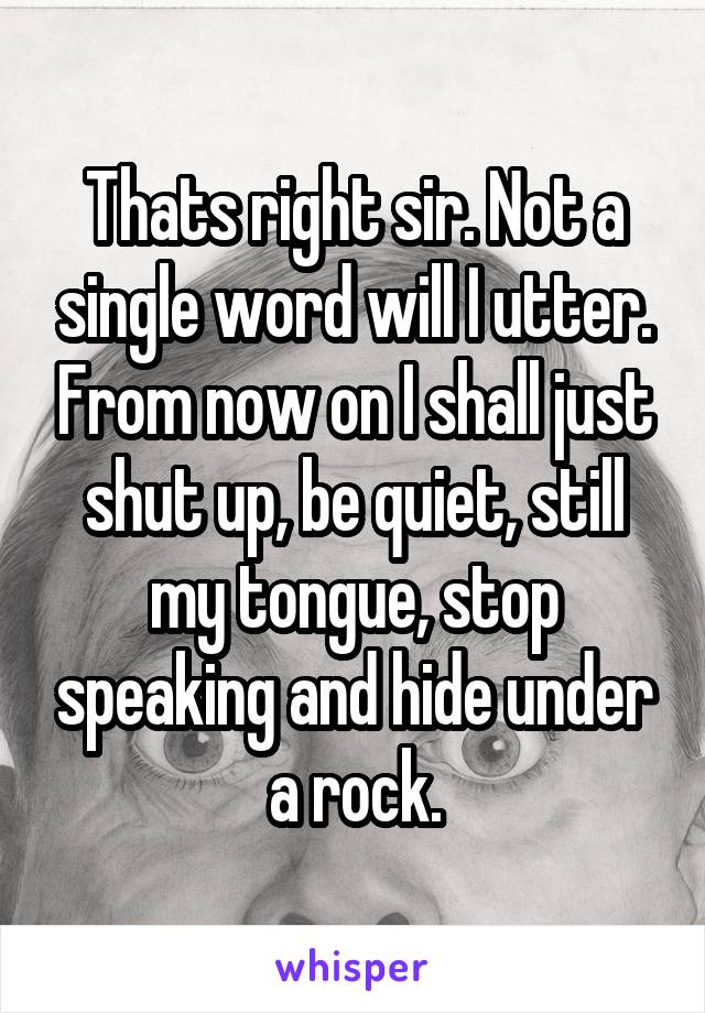 Thats right sir. Not a single word will I utter. From now on I shall just shut up, be quiet, still my tongue, stop speaking and hide under a rock.