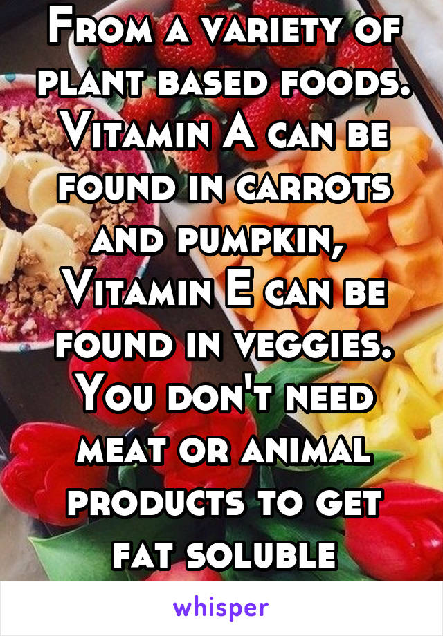 From a variety of plant based foods. Vitamin A can be found in carrots and pumpkin,  Vitamin E can be found in veggies. You don't need meat or animal products to get fat soluble vitamins. 