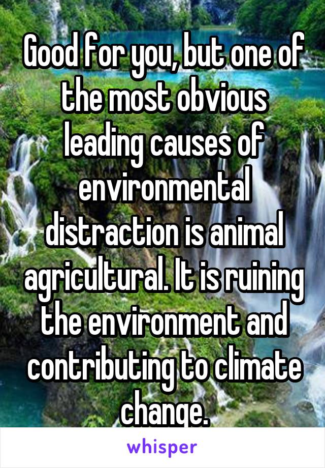 Good for you, but one of the most obvious leading causes of environmental distraction is animal agricultural. It is ruining the environment and contributing to climate change.