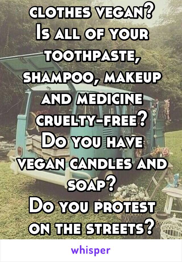 Are all of your clothes vegan?
Is all of your toothpaste, shampoo, makeup and medicine cruelty-free?
Do you have vegan candles and soap?
Do you protest on the streets?
Thats not hardcore