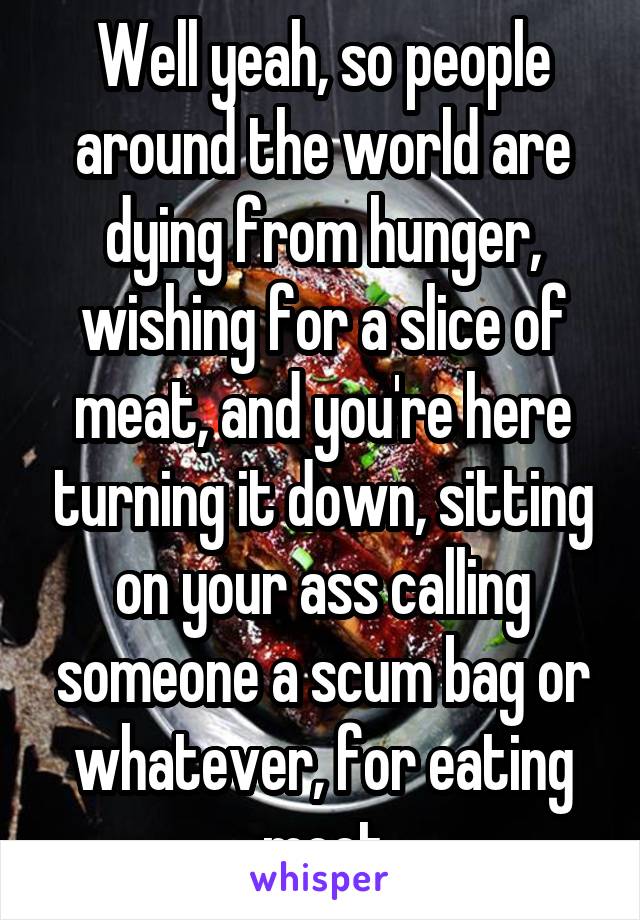 Well yeah, so people around the world are dying from hunger, wishing for a slice of meat, and you're here turning it down, sitting on your ass calling someone a scum bag or whatever, for eating meet