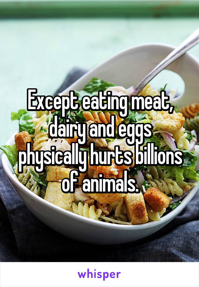 Except eating meat, dairy and eggs physically hurts billions of animals.