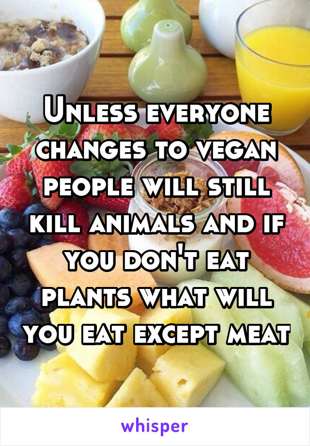 Unless everyone changes to vegan people will still kill animals and if you don't eat plants what will you eat except meat