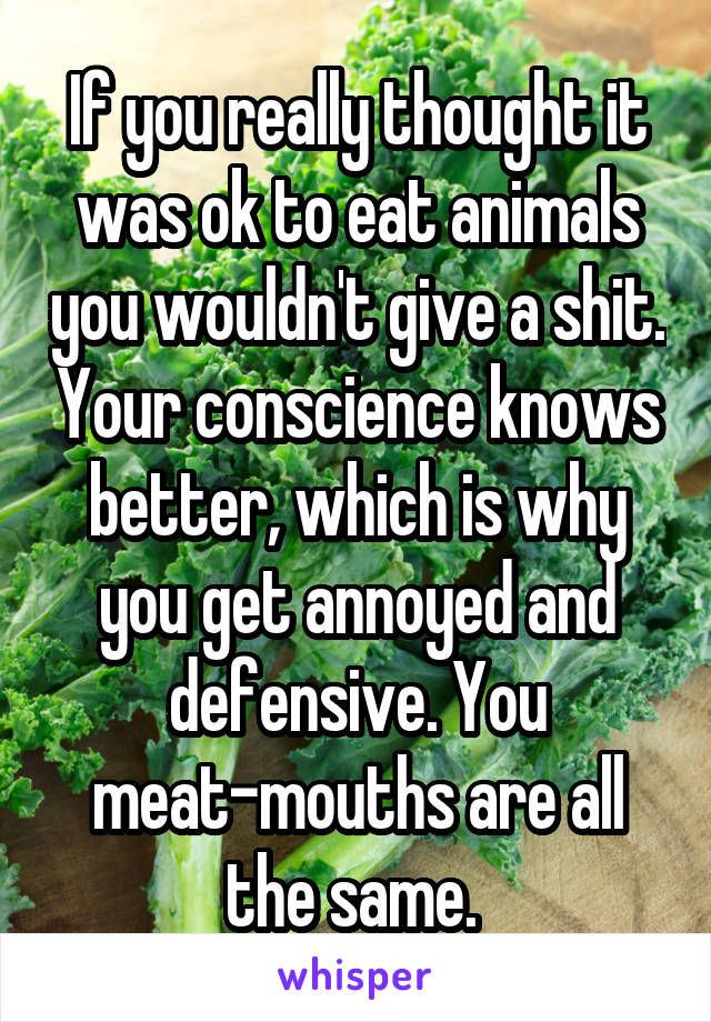 If you really thought it was ok to eat animals you wouldn't give a shit. Your conscience knows better, which is why you get annoyed and defensive. You meat-mouths are all the same. 