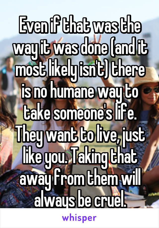 Even if that was the way it was done (and it most likely isn't) there is no humane way to take someone's life. They want to live, just like you. Taking that away from them will always be cruel.