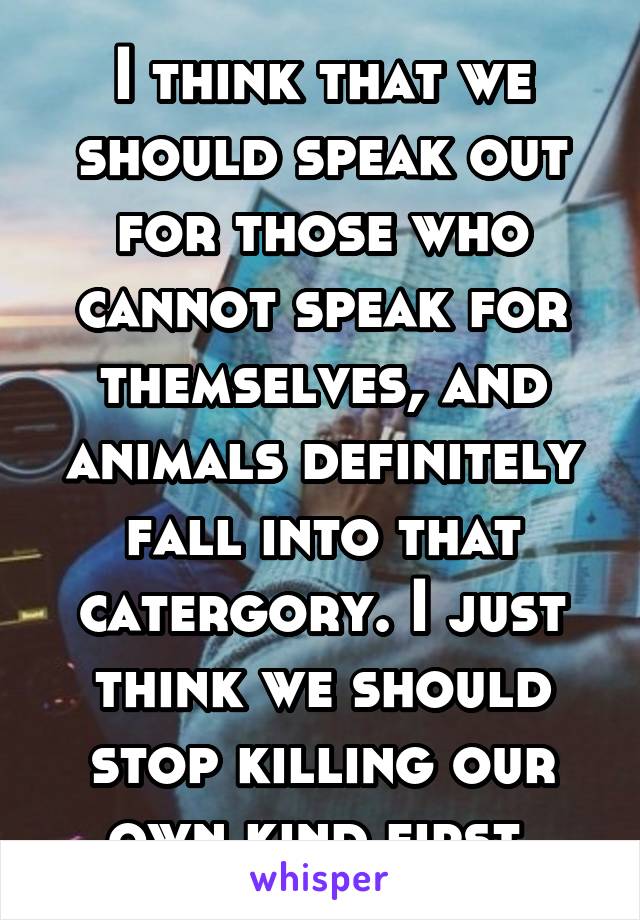 I think that we should speak out for those who cannot speak for themselves, and animals definitely fall into that catergory. I just think we should stop killing our own kind first.