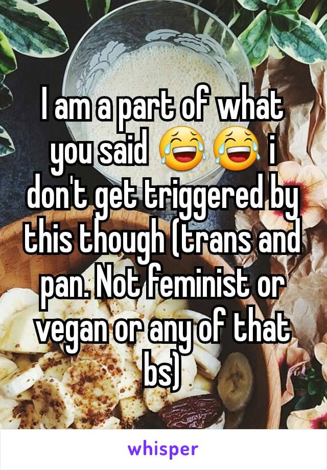 I am a part of what you said 😂😂 i don't get triggered by this though (trans and pan. Not feminist or vegan or any of that bs)