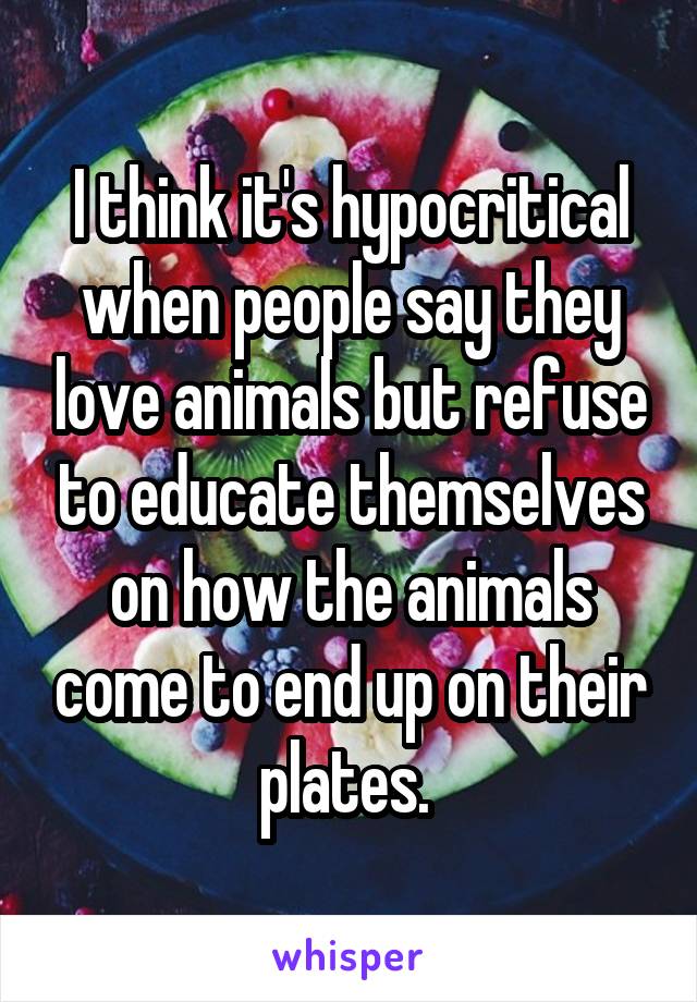 I think it's hypocritical when people say they love animals but refuse to educate themselves on how the animals come to end up on their plates. 