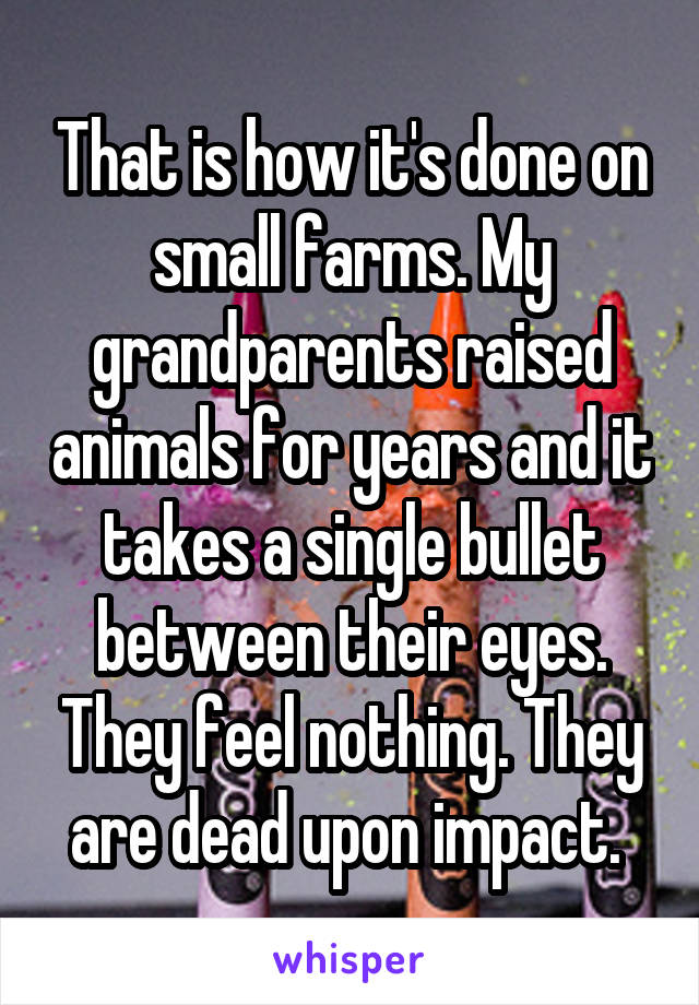 That is how it's done on small farms. My grandparents raised animals for years and it takes a single bullet between their eyes. They feel nothing. They are dead upon impact. 