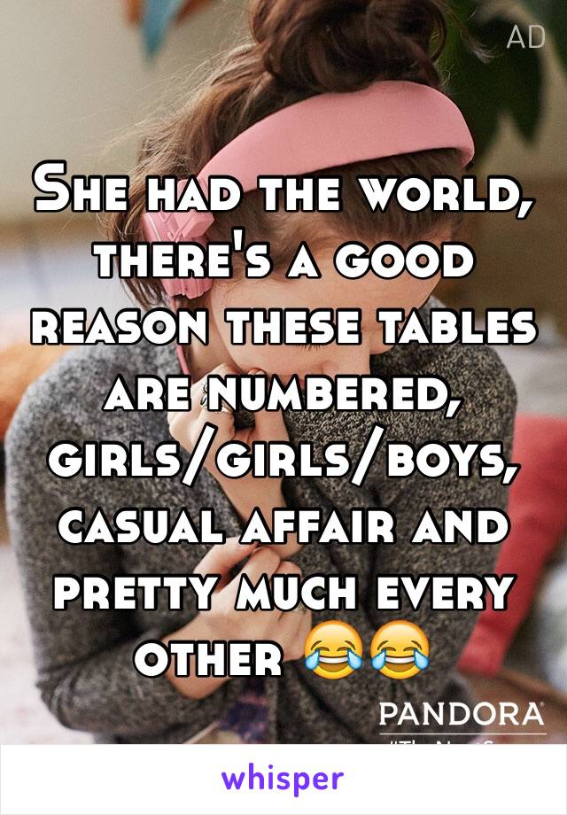 She had the world, there's a good reason these tables are numbered, girls/girls/boys, casual affair and pretty much every other 😂😂