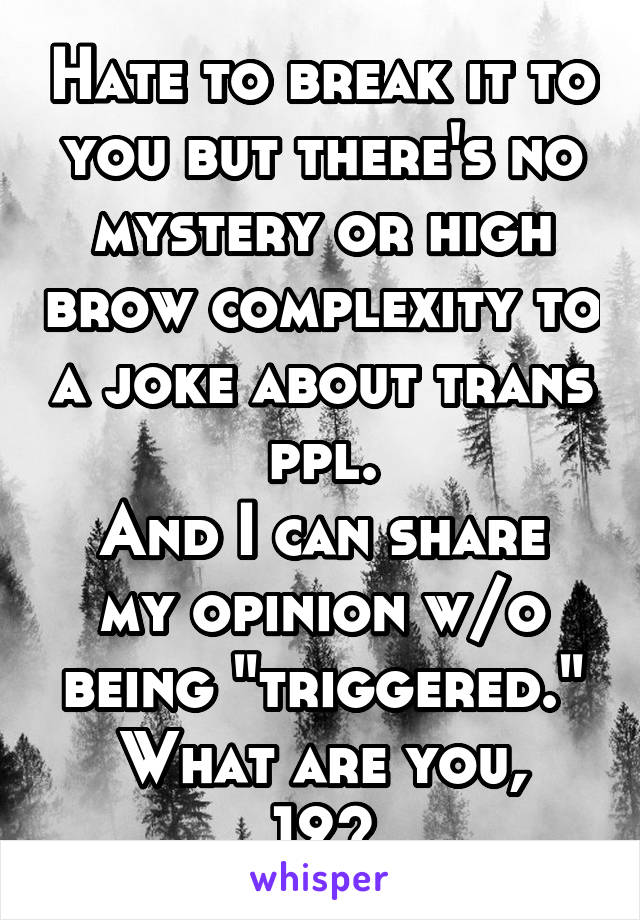 Hate to break it to you but there's no mystery or high brow complexity to a joke about trans ppl.
And I can share my opinion w/o being "triggered."
What are you, 12?