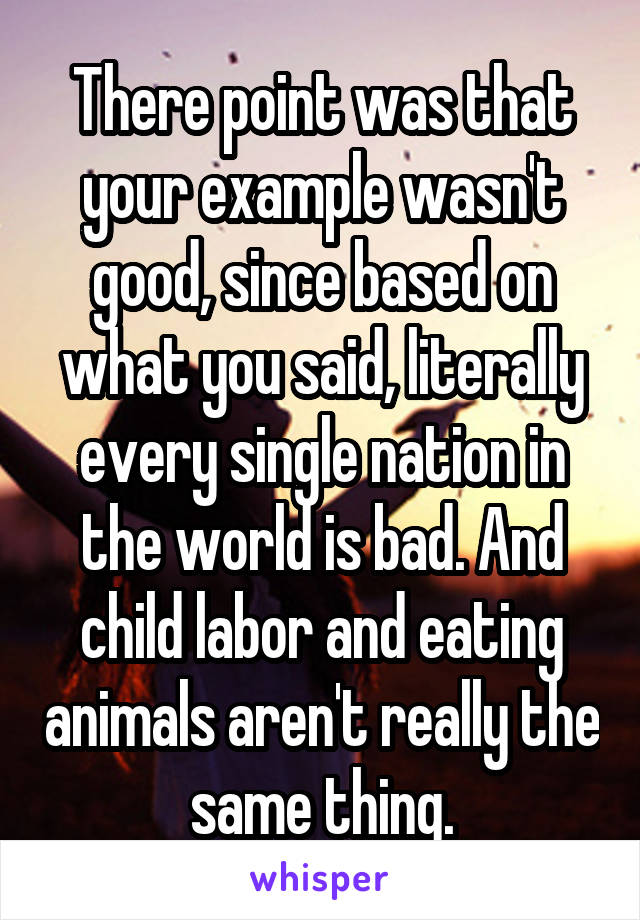 There point was that your example wasn't good, since based on what you said, literally every single nation in the world is bad. And child labor and eating animals aren't really the same thing.