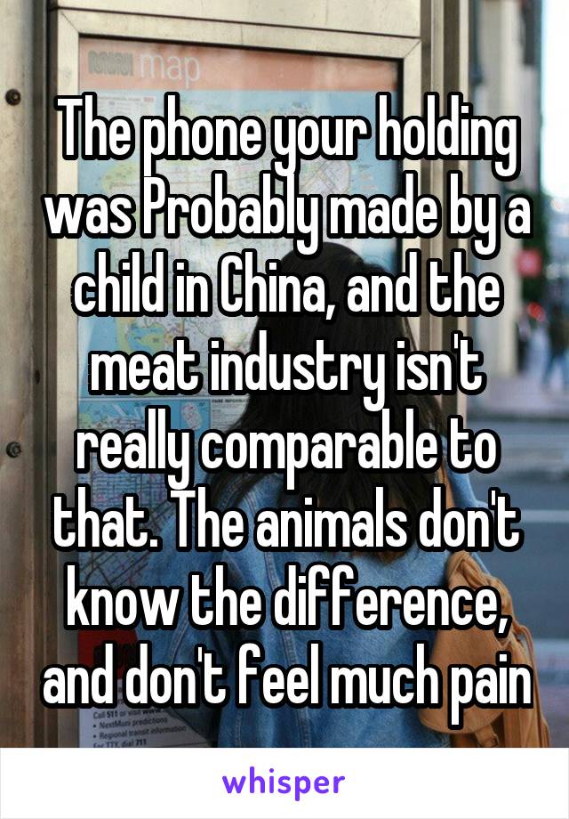 The phone your holding was Probably made by a child in China, and the meat industry isn't really comparable to that. The animals don't know the difference, and don't feel much pain