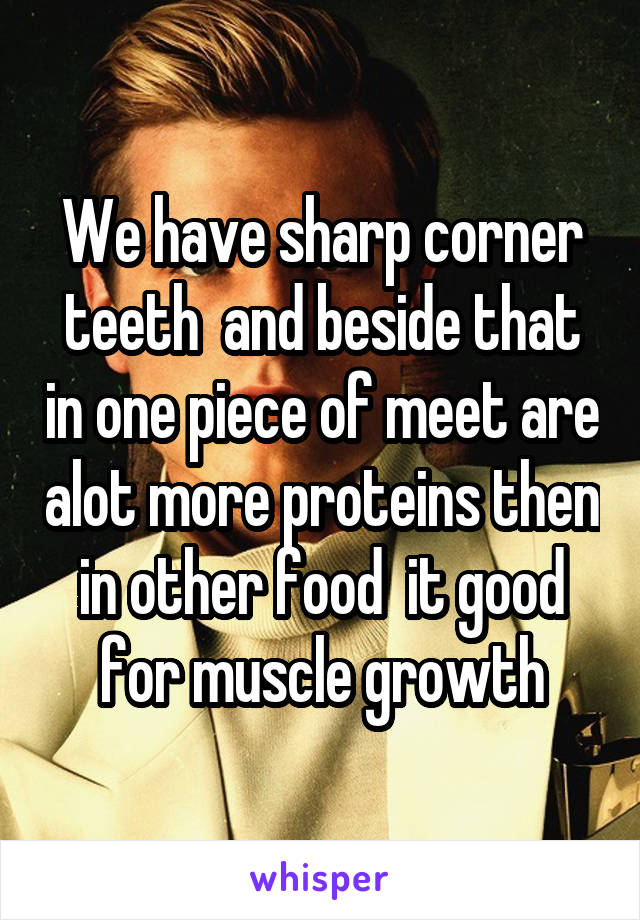 We have sharp corner teeth  and beside that in one piece of meet are alot more proteins then in other food  it good for muscle growth