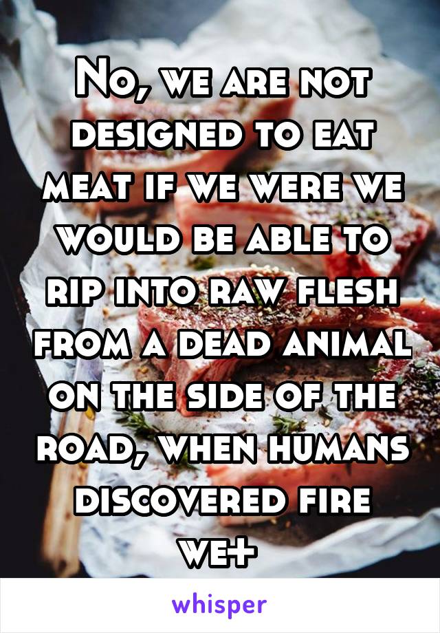 No, we are not designed to eat meat if we were we would be able to rip into raw flesh from a dead animal on the side of the road, when humans discovered fire we+ 