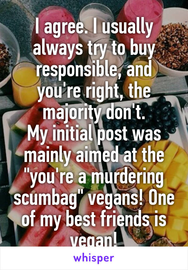 I agree. I usually always try to buy responsible, and you're right, the majority don't.
My initial post was mainly aimed at the "you're a murdering scumbag" vegans! One of my best friends is vegan!