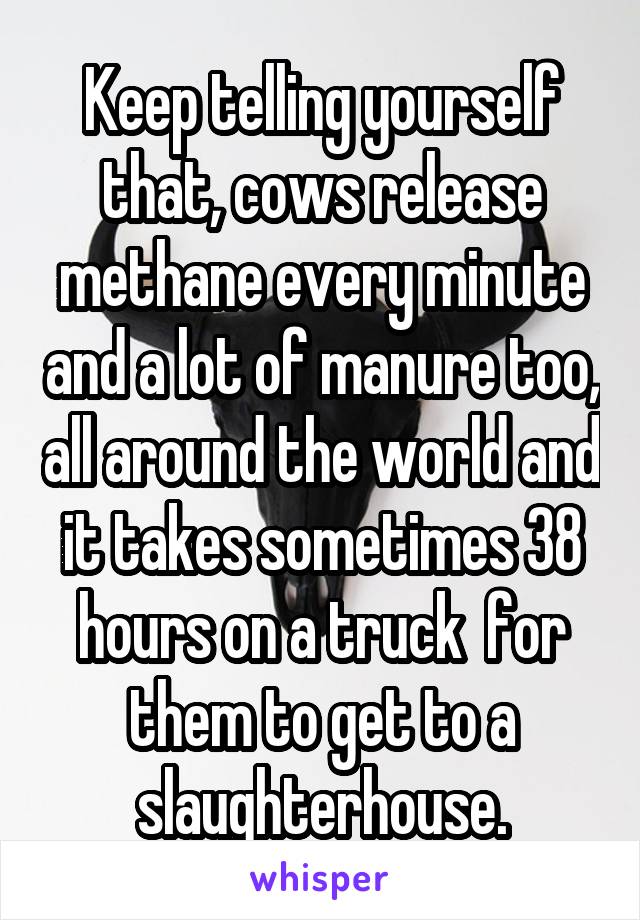 Keep telling yourself that, cows release methane every minute and a lot of manure too, all around the world and it takes sometimes 38 hours on a truck  for them to get to a slaughterhouse.