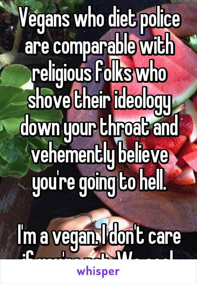 Vegans who diet police are comparable with religious folks who shove their ideology down your throat and vehemently believe you're going to hell.

I'm a vegan. I don't care if you're not. We cool.