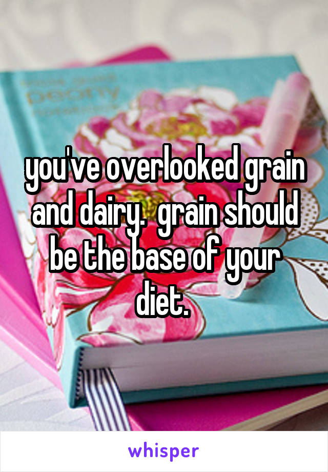 you've overlooked grain and dairy.  grain should be the base of your diet. 