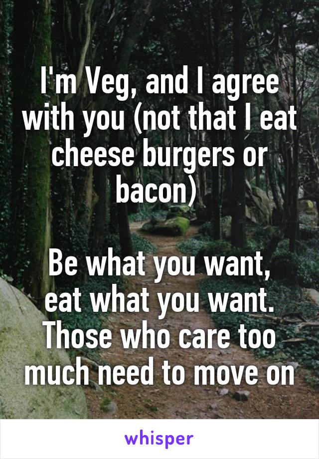 I'm Veg, and I agree with you (not that I eat cheese burgers or bacon) 

Be what you want, eat what you want. Those who care too much need to move on