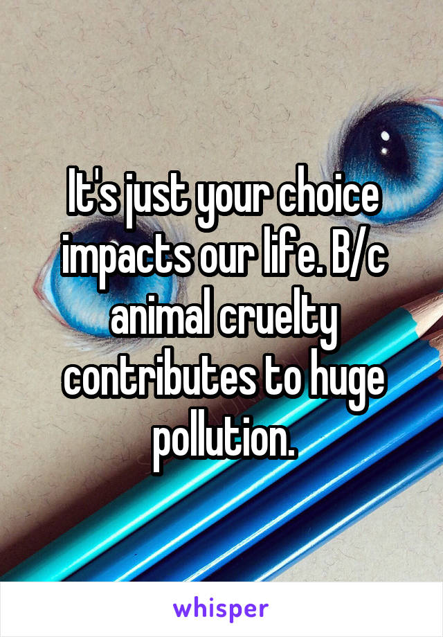 It's just your choice impacts our life. B/c animal cruelty contributes to huge pollution.