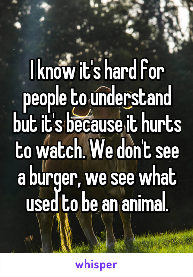 I know it's hard for people to understand but it's because it hurts to watch. We don't see a burger, we see what used to be an animal.