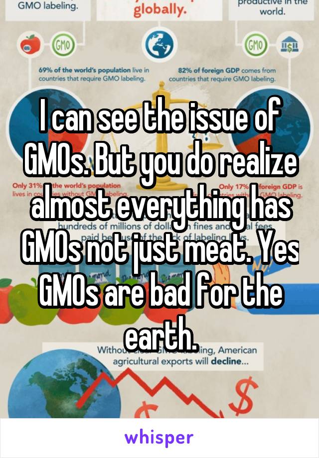 I can see the issue of GMOs. But you do realize almost everything has GMOs not just meat. Yes GMOs are bad for the earth.