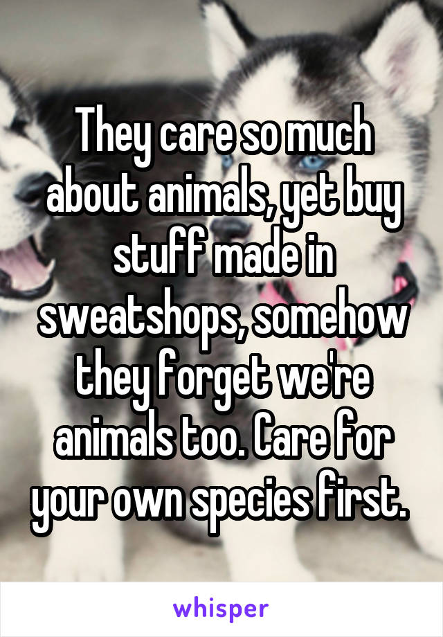 They care so much about animals, yet buy stuff made in sweatshops, somehow they forget we're animals too. Care for your own species first. 