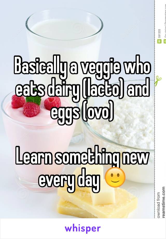 Basically a veggie who eats dairy (lacto) and eggs (ovo)

Learn something new every day 🙂